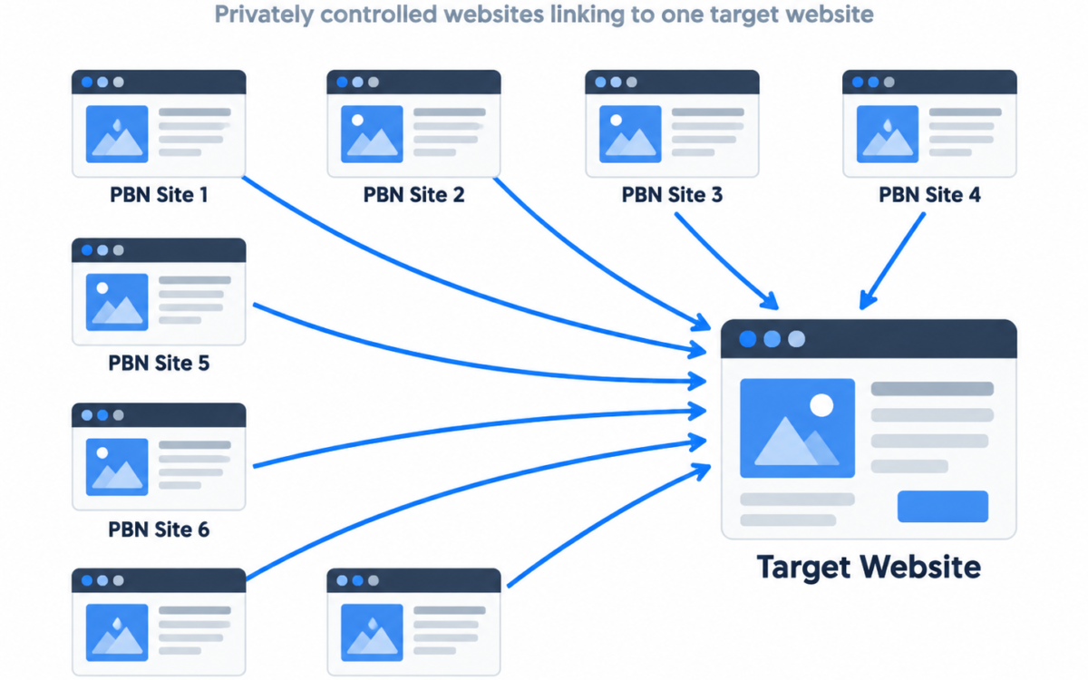 Diagram showing private blog network websites linking to a target website.