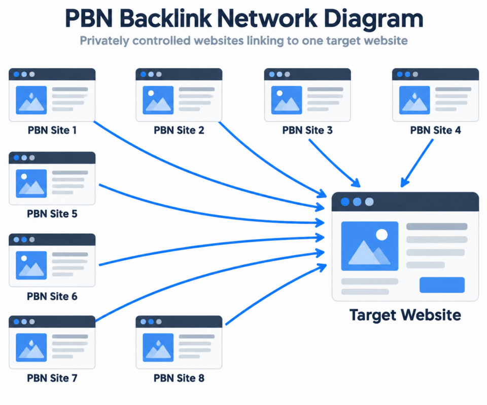 PBN backlink network diagram Diagram showing private blog network websites linking to a target website.