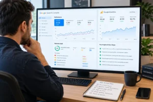 SEO agency reviewing technical audit, rankings, and conversion data