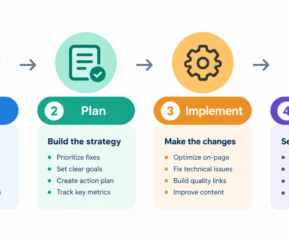 SEO agency process from technical audit to content and links